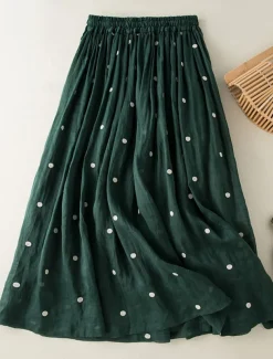 Women's Skirt A Line Fashion Casual Maxi High Waist Skirts Polka Dot Print Casual Daily Weekend Yellow Navy Blue Brown Green Summer Cotton And Linen
