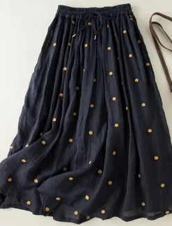 Women's Skirt A Line Fashion Casual Maxi High Waist Skirts Polka Dot Print Casual Daily Weekend Yellow Navy Blue Brown Green Summer Cotton And Linen