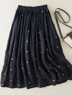Women's Skirt A Line Fashion Casual Maxi High Waist Skirts Polka Dot Print Casual Daily Weekend Yellow Navy Blue Brown Green Summer Cotton And Linen