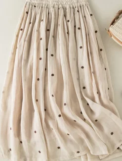 Women's Skirt A Line Fashion Casual Maxi High Waist Skirts Polka Dot Print Casual Daily Weekend Yellow Navy Blue Brown Green Summer Cotton And Linen