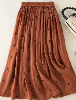 Women's Skirt A Line Fashion Casual Maxi High Waist Skirts Polka Dot Print Casual Daily Weekend Yellow Navy Blue Brown Green Summer Cotton And Linen