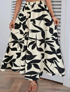 Women's Skirt A Line Fashion Casual Maxi High Waist Skirts Trees / Leaves Pocket Print Stretchy Street Daily White Green Summer Polyester