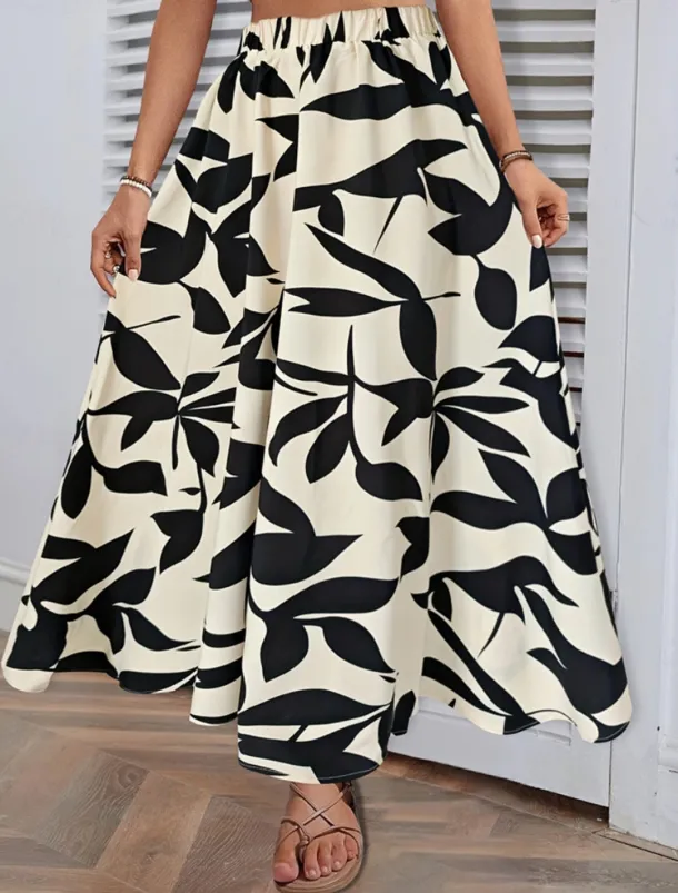 Women's Skirt A Line Fashion Casual Maxi High Waist Skirts Trees / Leaves Pocket Print Stretchy Street Daily White Green Summer Polyester