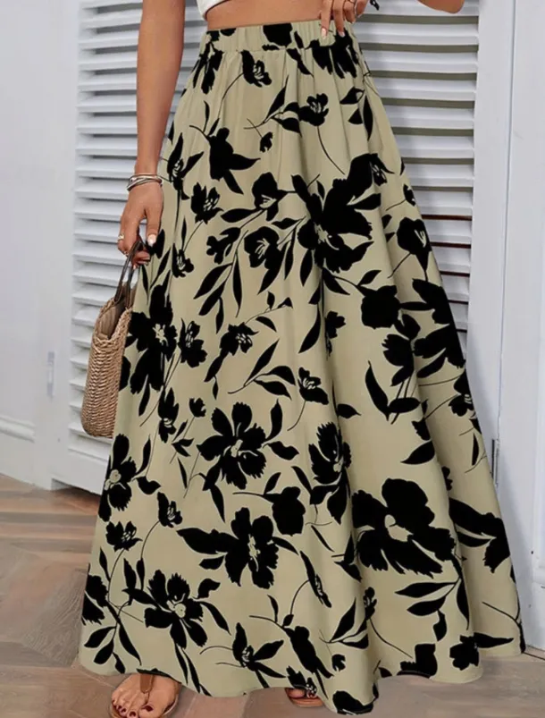 Women's Skirt A Line Fashion Casual Maxi High Waist Skirts Trees / Leaves Pocket Print Stretchy Street Daily White Green Summer Polyester