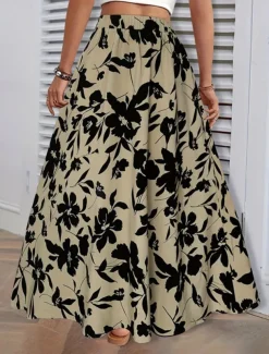 Women's Skirt A Line Fashion Casual Maxi High Waist Skirts Trees / Leaves Pocket Print Stretchy Street Daily White Green Summer Polyester