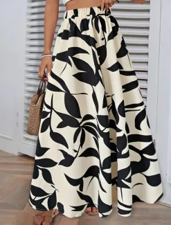 Women's Skirt A Line Fashion Casual Maxi High Waist Skirts Trees / Leaves Pocket Print Stretchy Street Daily White Green Summer Polyester