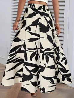 Women's Skirt A Line Fashion Casual Maxi High Waist Skirts Trees / Leaves Pocket Print Stretchy Street Daily White Green Summer Polyester