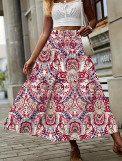 Women's Skirt A Line Fashion Casual Midi Mid Waist Skirts Geometric Print Micro-elastic Street Daily Wine Yellow Summer Polyester