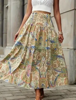 Women's Skirt A Line Fashion Casual Midi Mid Waist Skirts Geometric Print Micro-elastic Street Daily Wine Yellow Summer Polyester