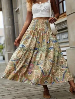 Women's Skirt A Line Fashion Casual Midi Mid Waist Skirts Geometric Print Micro-elastic Street Daily Wine Yellow Summer Polyester