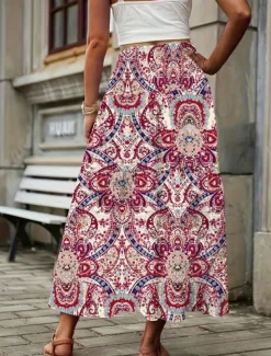 Women's Skirt A Line Fashion Casual Midi Mid Waist Skirts Geometric Print Micro-elastic Street Daily Wine Yellow Summer Polyester