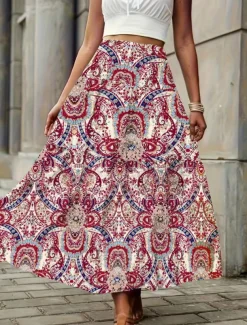 Women's Skirt A Line Fashion Casual Midi Mid Waist Skirts Geometric Print Micro-elastic Street Daily Wine Yellow Summer Polyester