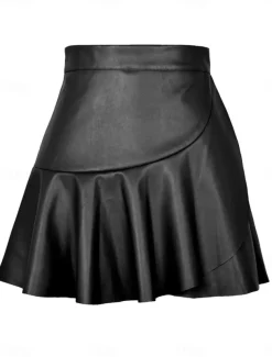 Women's Skirt A Line Fashion Sexy Mini High Waist Skirts Solid Colored Ruffle Street Daily Black Brown Summer Faux Leather Leather