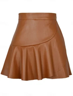 Women's Skirt A Line Fashion Sexy Mini High Waist Skirts Solid Colored Ruffle Street Daily Black Brown Summer Faux Leather Leather