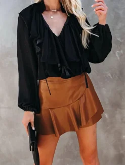 Women's Skirt A Line Fashion Sexy Mini High Waist Skirts Solid Colored Ruffle Street Daily Black Brown Summer Faux Leather Leather
