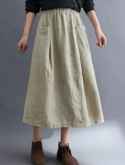 Women's Skirt A Line Long Skirt Linen Skirts coastal grandma style Basic Casual Long Midi Skirts Solid Colored Pocket Split Ends Street Daily Black Brown Green Apricot Spring & Summer Cotton Linen