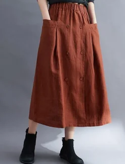Women's Skirt A Line Long Skirt Linen Skirts coastal grandma style Basic Casual Long Midi Skirts Solid Colored Pocket Split Ends Street Daily Black Brown Green Apricot Spring & Summer Cotton Linen