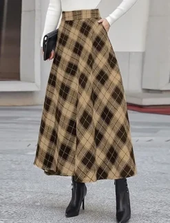 Women's Skirt A Line Maxi Skirts Pocket Print Plaid Street Daily Winter Fashion Casual Camel Black Blue