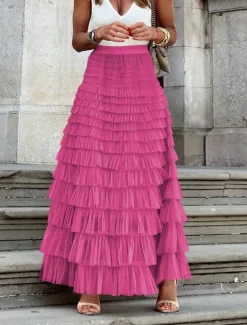 Women's Skirt A Line Maxi Skirts Ruffle Layered Solid Colored Street Daily Winter Fashion Casual White Fuchsia
