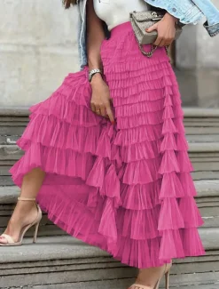 Women's Skirt A Line Maxi Skirts Ruffle Layered Solid Colored Street Daily Winter Fashion Casual White Fuchsia