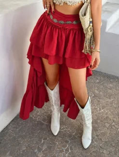 Women's Skirt A Line Solid Color Fashion Casual Mini High Waist Skirts Plain Ruffle Layered Micro-elastic Vacation Street Black White Red Blue Summer Polyester