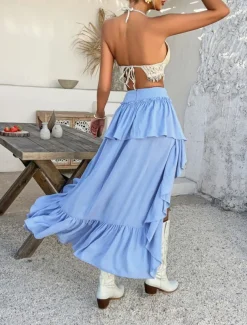 Women's Skirt A Line Solid Color Fashion Casual Mini High Waist Skirts Plain Ruffle Layered Micro-elastic Vacation Street Black White Red Blue Summer Polyester