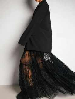 Women's Skirt A Line Swing Elegant Vintage Sexy Long Maxi Mid Waist Skirts Lace Ruffle Patchwork Inelastic School Performance Black Spring, Fall, Winter, Summer Nylon