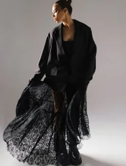 Women's Skirt A Line Swing Elegant Vintage Sexy Long Maxi Mid Waist Skirts Lace Ruffle Patchwork Inelastic School Performance Black Spring, Fall, Winter, Summer Nylon