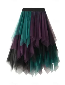Women's Skirt A Line Swing Fashion Casual Midi High Waist Skirts Color Block Irregular Hem Layered Vacation Street White Pink Blue Green Winter Spandex