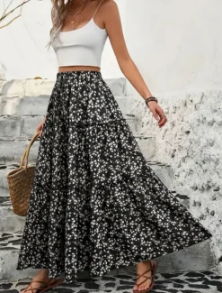 Women's Skirt A Line Swing Bohemia Casual Maxi High Waist Skirts Floral Print Micro-elastic Street Daily Black Blue Summer Polyester