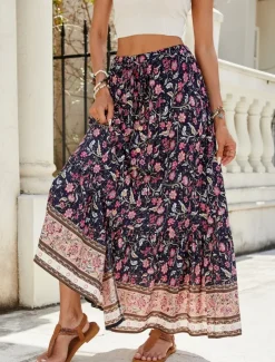 Women's Skirt A Line Swing Bohemia Fashion Casual Maxi High Waist Skirts Floral Print Micro-elastic Street Daily Red Navy Blue Green Summer Polyester