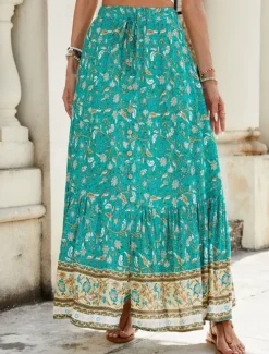 Women's Skirt A Line Swing Bohemia Fashion Casual Maxi High Waist Skirts Floral Print Micro-elastic Street Daily Red Navy Blue Green Summer Polyester