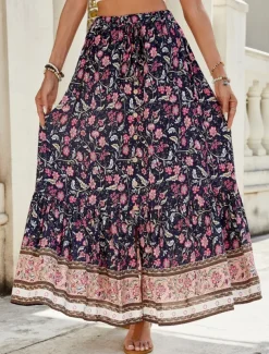 Women's Skirt A Line Swing Bohemia Fashion Casual Maxi High Waist Skirts Floral Print Micro-elastic Street Daily Red Navy Blue Green Summer Polyester