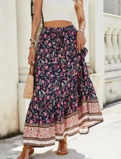 Women's Skirt A Line Swing Bohemia Fashion Casual Maxi High Waist Skirts Floral Print Micro-elastic Street Daily Red Navy Blue Green Summer Polyester