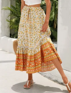 Women's Skirt A Line Swing Bohemia Casual Boho Maxi High Waist Skirts Floral Ruffle Floral Print Vacation Holiday Red Orange Dark Blue Beige Summer Rayon