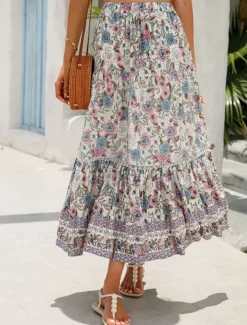 Women's Skirt A Line Swing Bohemia Casual Boho Maxi High Waist Skirts Floral Ruffle Floral Print Vacation Holiday Red Orange Dark Blue Beige Summer Rayon