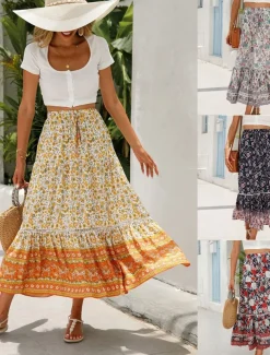 Women's Skirt A Line Swing Bohemia Casual Boho Maxi High Waist Skirts Floral Ruffle Floral Print Vacation Holiday Red Orange Dark Blue Beige Summer Rayon