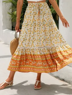 Women's Skirt A Line Swing Bohemia Casual Boho Maxi High Waist Skirts Floral Ruffle Floral Print Vacation Holiday Red Orange Dark Blue Beige Summer Rayon