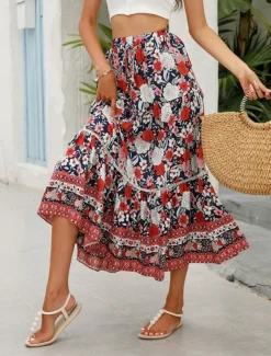 Women's Skirt A Line Swing Bohemia Casual Boho Maxi High Waist Skirts Floral Ruffle Floral Print Vacation Holiday Red Orange Dark Blue Beige Summer Rayon