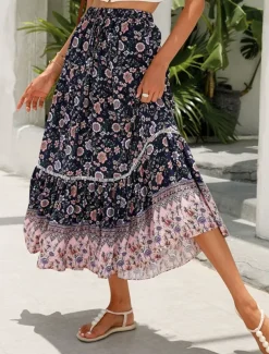 Women's Skirt A Line Swing Bohemia Casual Boho Maxi High Waist Skirts Floral Ruffle Floral Print Vacation Holiday Red Orange Dark Blue Beige Summer Rayon