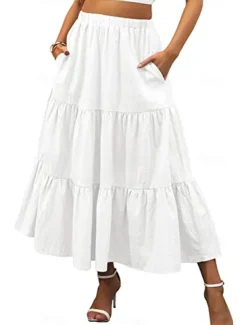 Women's Skirt A Line Swing Maxi Skirts Ruffle Pocket Solid Colored Casual Daily Weekend Summer Fashion Casual Black White Red Light Blue