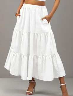 Women's Skirt A Line Swing Maxi Skirts Ruffle Pocket Solid Colored Casual Daily Weekend Summer Fashion Casual Black White Red Light Blue