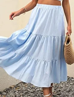 Women's Skirt A Line Swing Maxi Skirts Ruffle Pocket Solid Colored Casual Daily Weekend Summer Fashion Casual Black White Red Light Blue