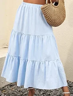 Women's Skirt A Line Swing Maxi Skirts Ruffle Pocket Solid Colored Casual Daily Weekend Summer Fashion Casual Black White Red Light Blue