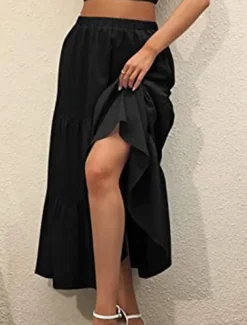 Women's Skirt A Line Swing Maxi Skirts Ruffle Pocket Solid Colored Casual Daily Weekend Summer Fashion Casual Black White Red Light Blue