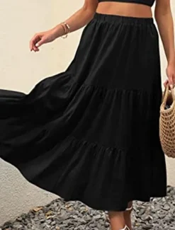 Women's Skirt A Line Swing Maxi Skirts Ruffle Pocket Solid Colored Casual Daily Weekend Summer Fashion Casual Black White Red Light Blue