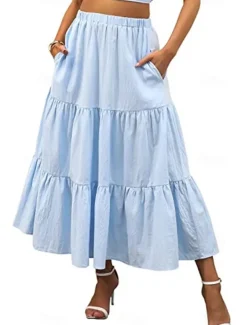 Women's Skirt A Line Swing Maxi Skirts Ruffle Pocket Solid Colored Casual Daily Weekend Summer Fashion Casual Black White Red Light Blue