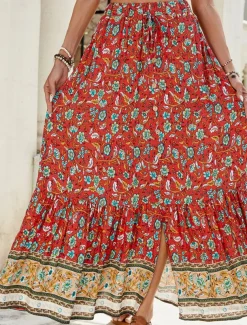 Women's Skirt A Line Swing Bohemia Casual Maxi High Waist Skirts Floral Print Micro-elastic Street Daily Pink Red Green Summer Polyester