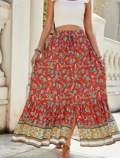 Women's Skirt A Line Swing Bohemia Casual Maxi High Waist Skirts Floral Print Micro-elastic Street Daily Pink Red Green Summer Polyester