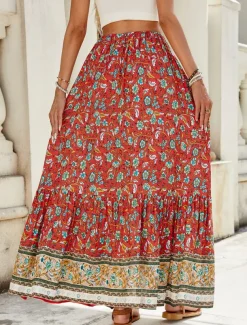 Women's Skirt A Line Swing Bohemia Casual Maxi High Waist Skirts Floral Print Micro-elastic Street Daily Pink Red Green Summer Polyester